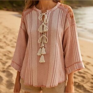 Johnny Was beaded shoulder tassel tie Jacques top cover up cotton